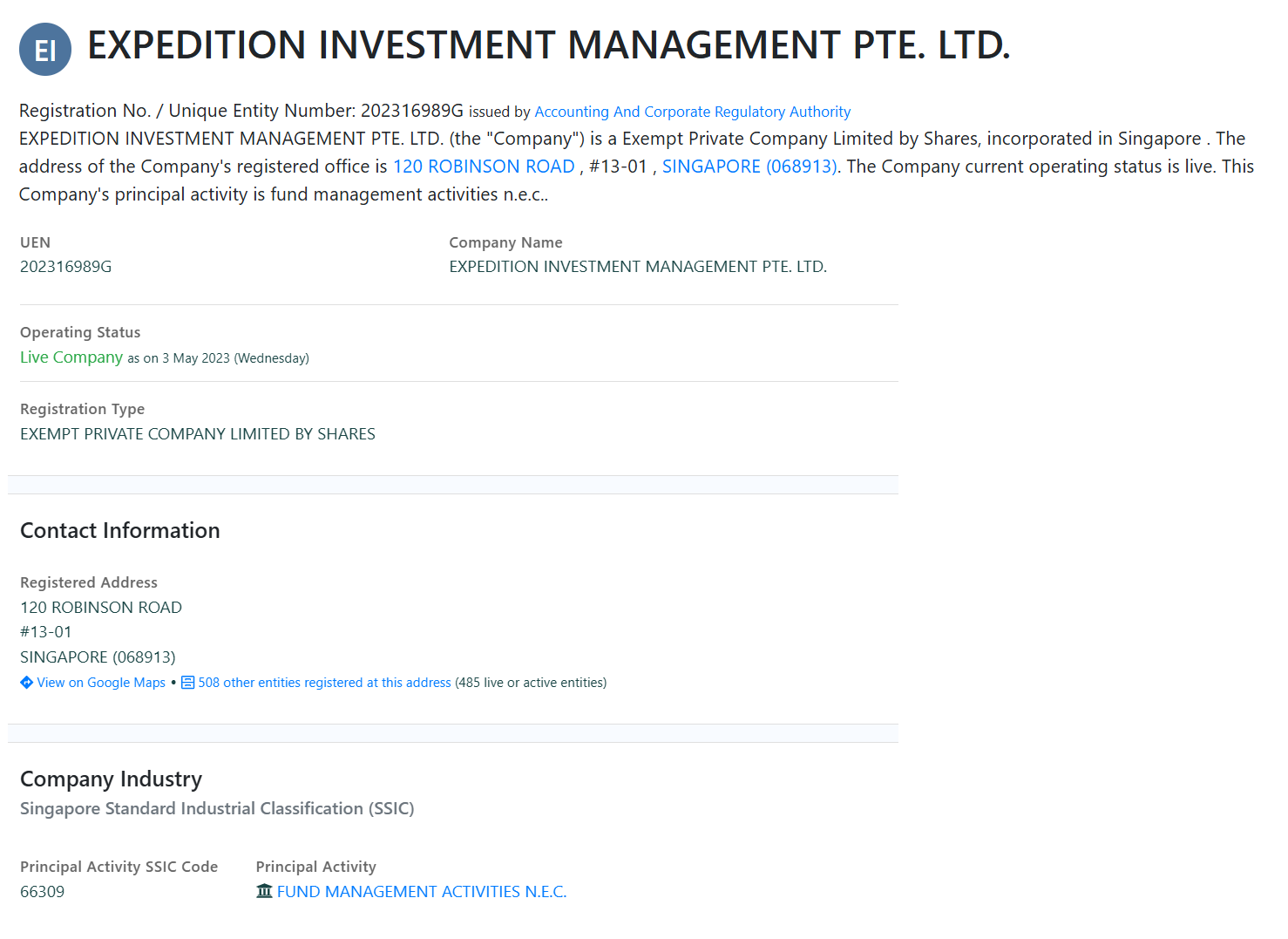Official registration details and company information as listed in Singapore business records.