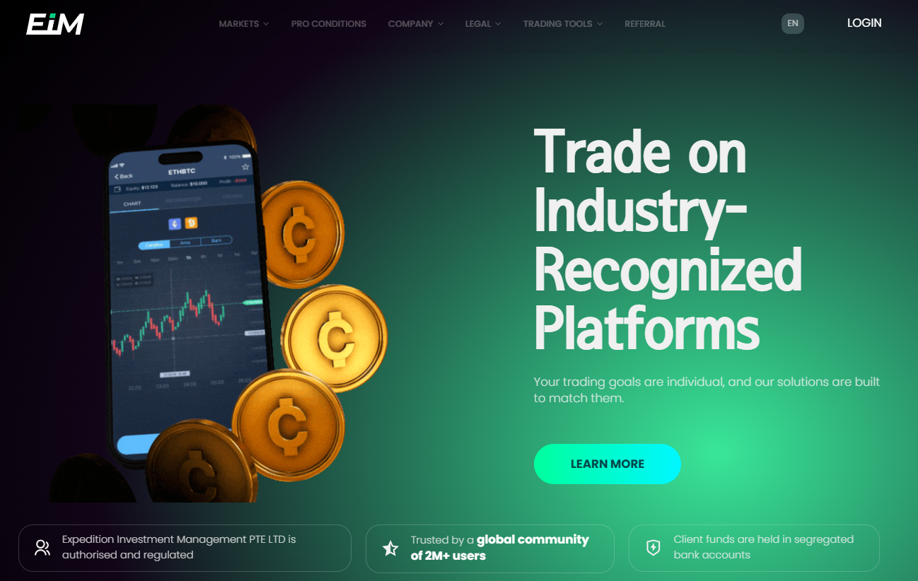 The expeditioninv.com official website, presenting account options, markets, and promotional content.