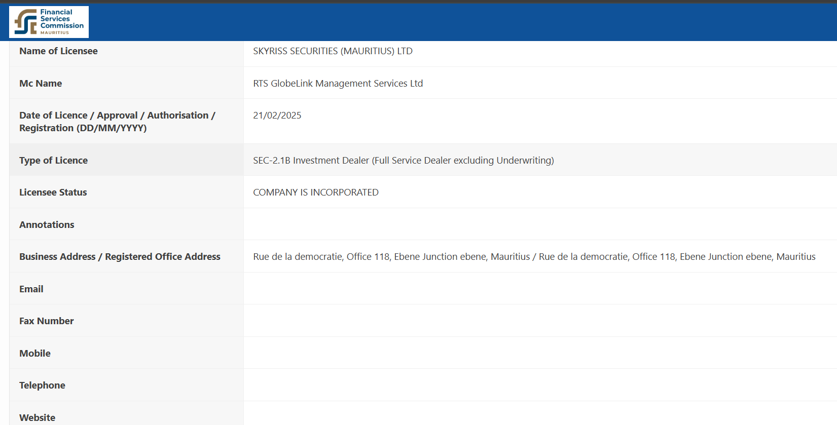 Information about the FSC of Mauritius license allegedly associated with the company operating the Skyriss platform.