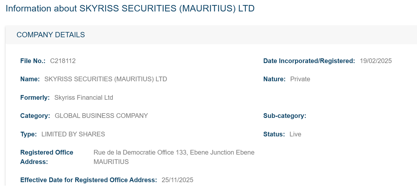 The registration details and legal status of Skyriss Securities (Mauritius) Ltd in the Mauritius business registry