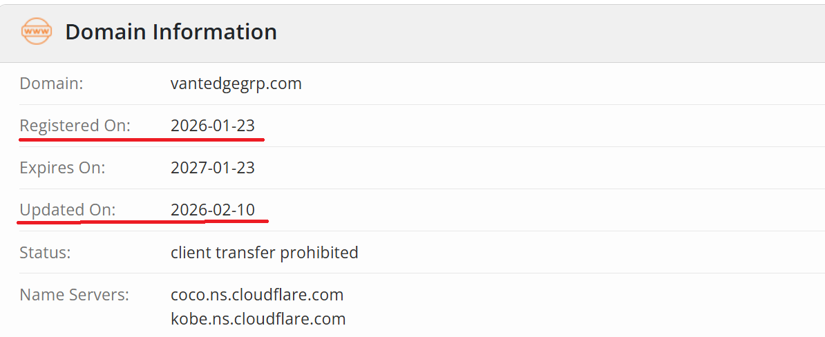 The vantedgegrp.com domain was registered in January 2026, confirming the project has no real history.