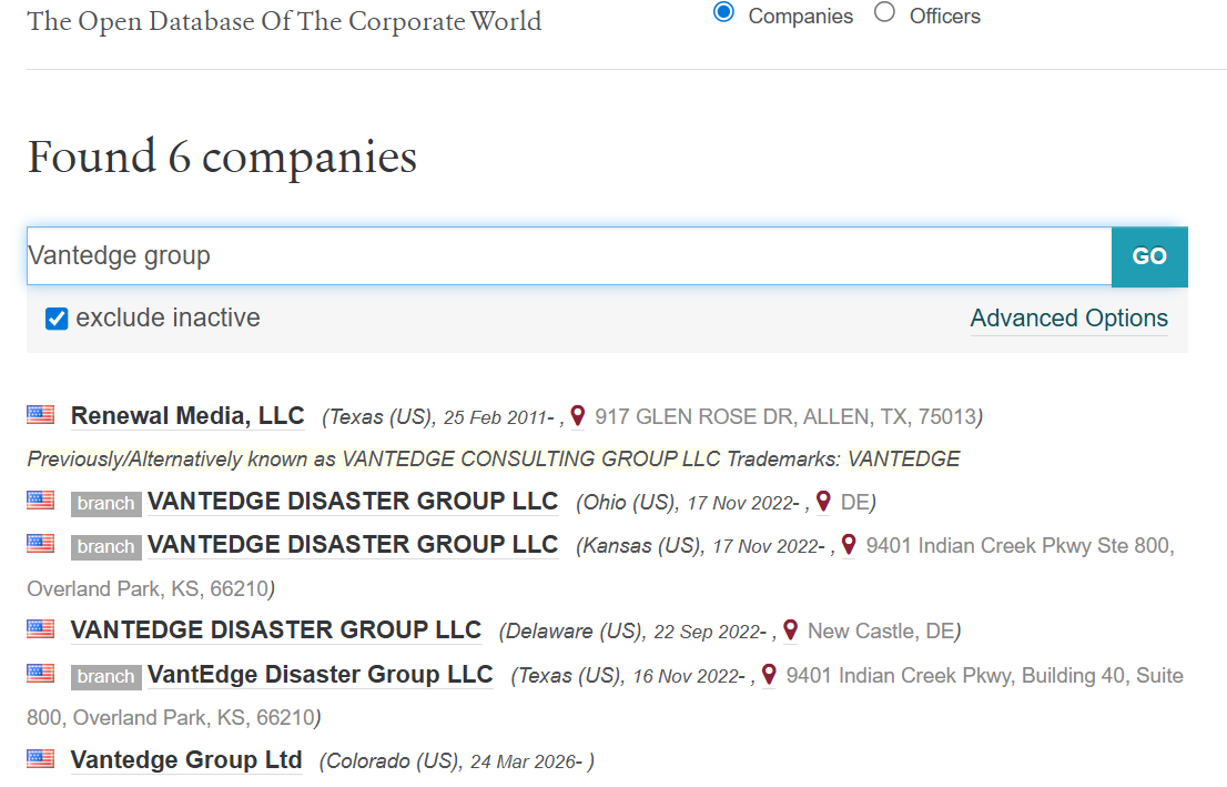 Entities with similar names appear only in U.S. registries