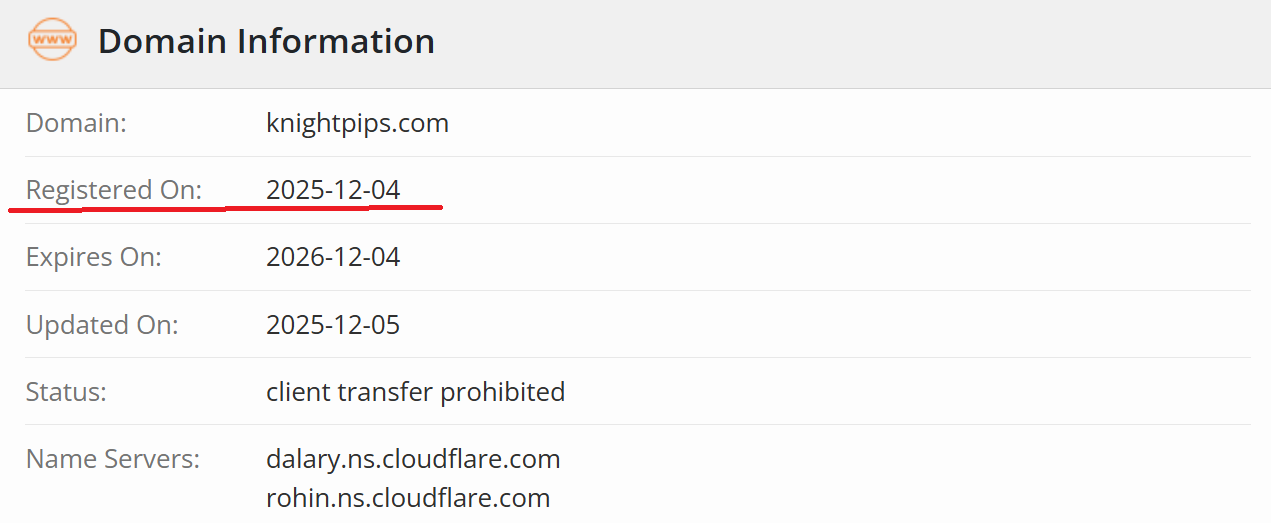 Technical details about the registration date and ownership of the knightpips.com domain.
