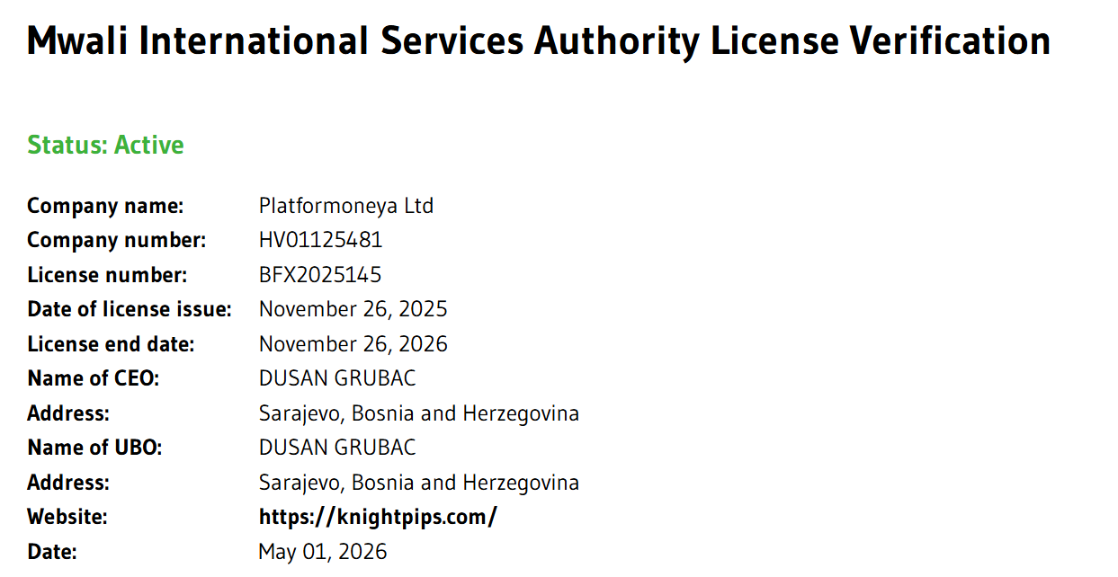Information about the KnightPips offshore MISA authorization and its regulatory status.