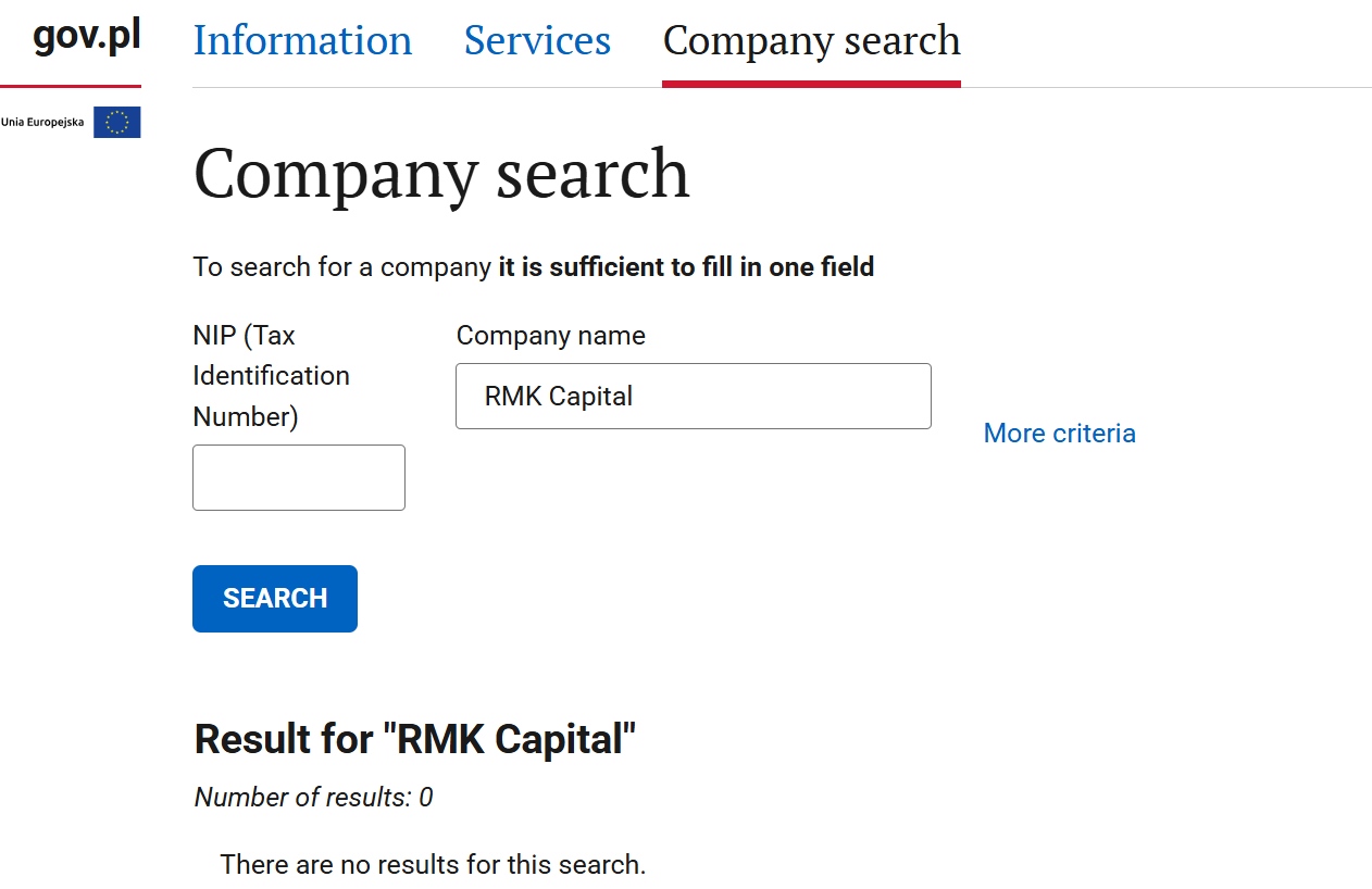 A search of the Polish business register returned no records for RMK Capital AG.