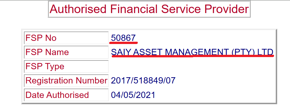 The FSCA register lists only one authorized company with "SAIY" in its name, and its license number differs from the one claimed by RandEdgeFX.