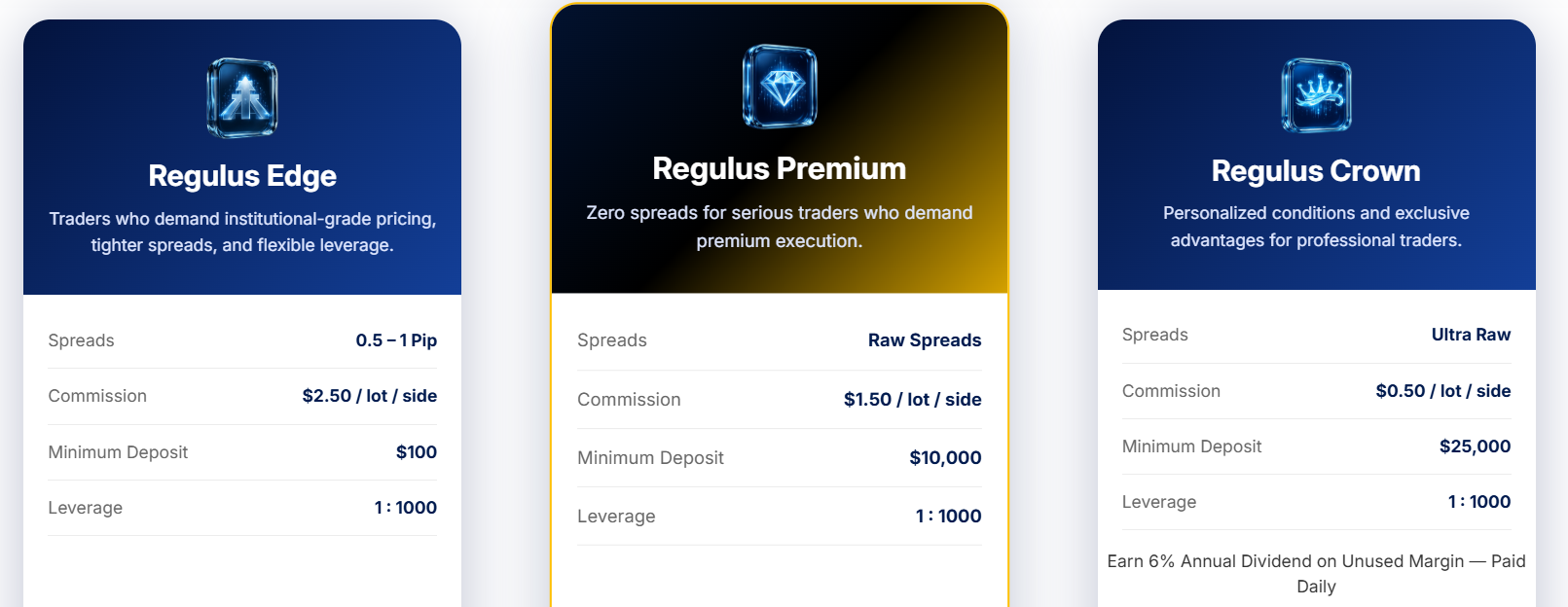 Overview of the broker's available trading accounts and their main features.