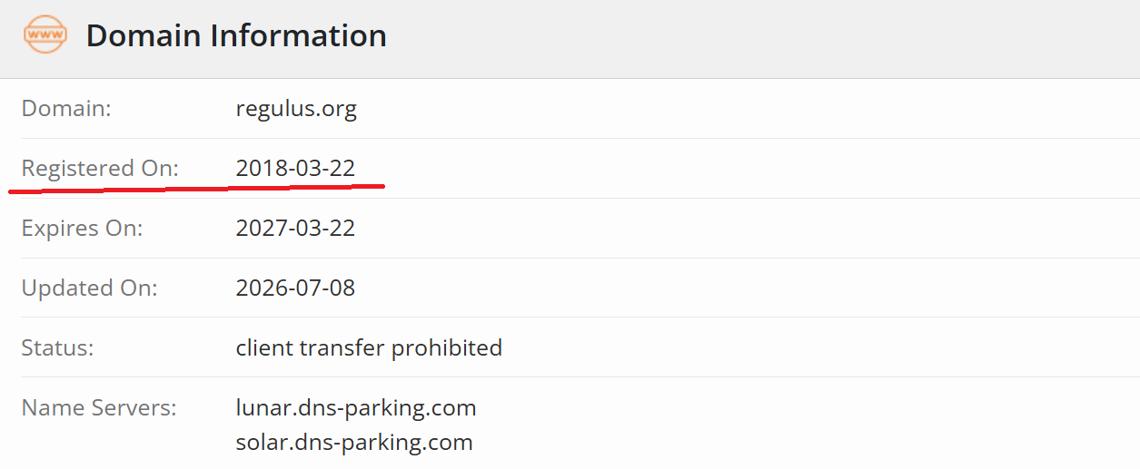 WHOIS data showing the registration history of the regulus.org domain.