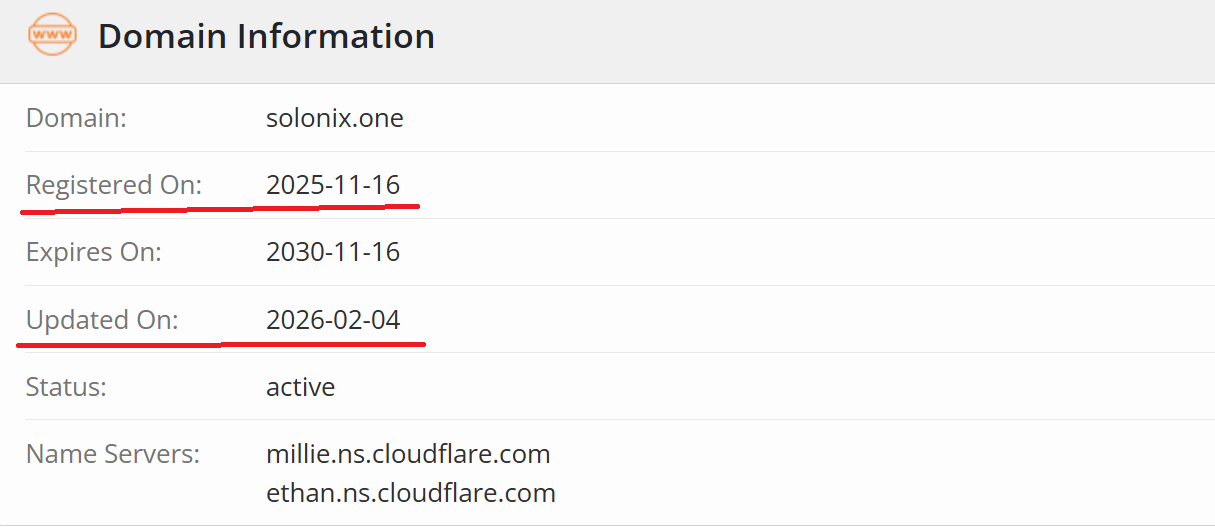 WHOIS records show when the solonix.one domain was registered and became active.