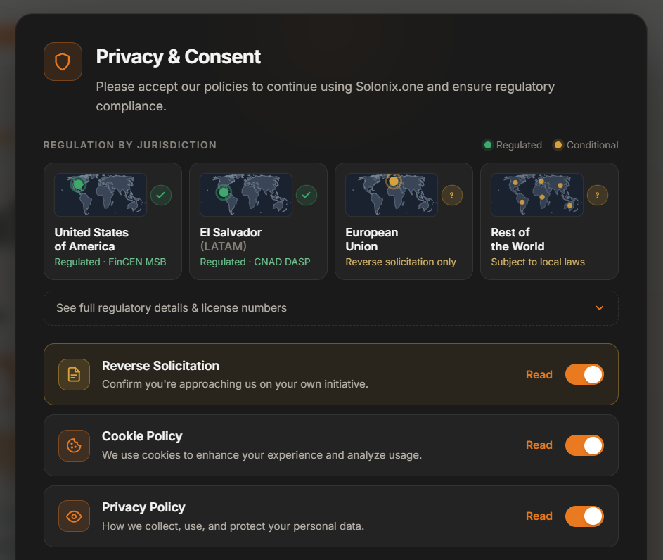 Solonix.one highlights its regulatory status and jurisdictional restrictions immediately upon entering the website.