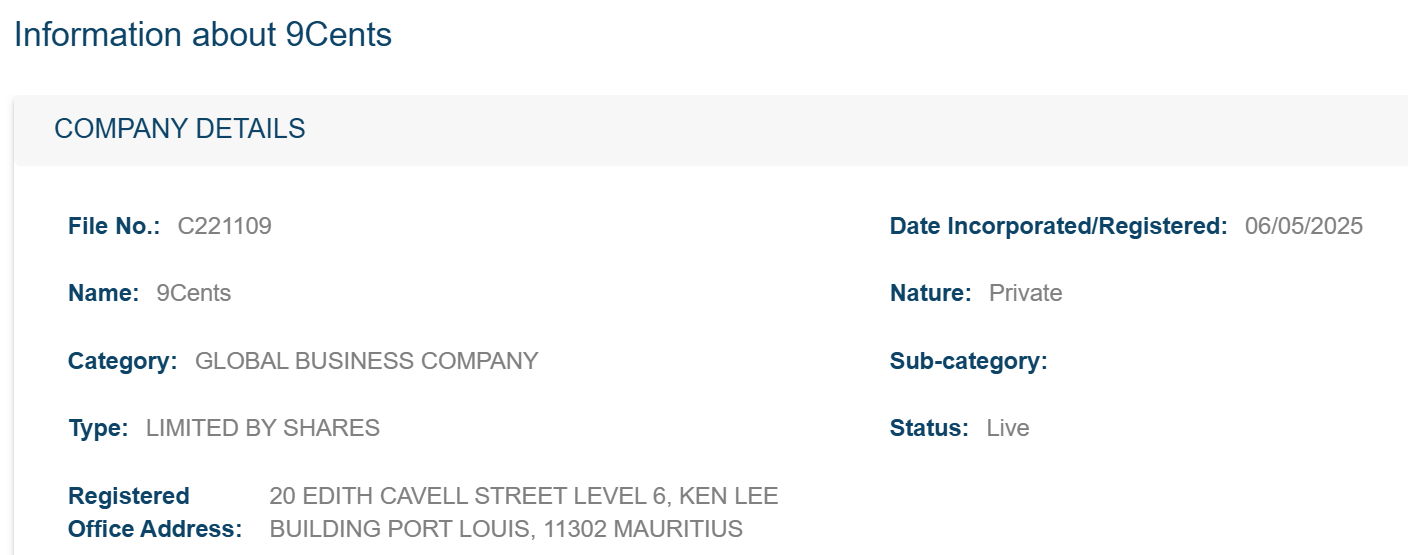 9Cents company details listed in the Mauritius business registry.