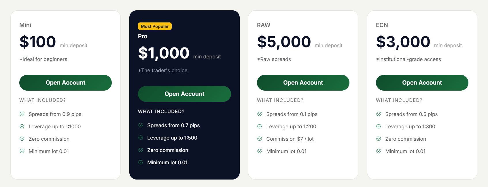 Overview of Ambitious FinCorp account types and stated trading conditions.
