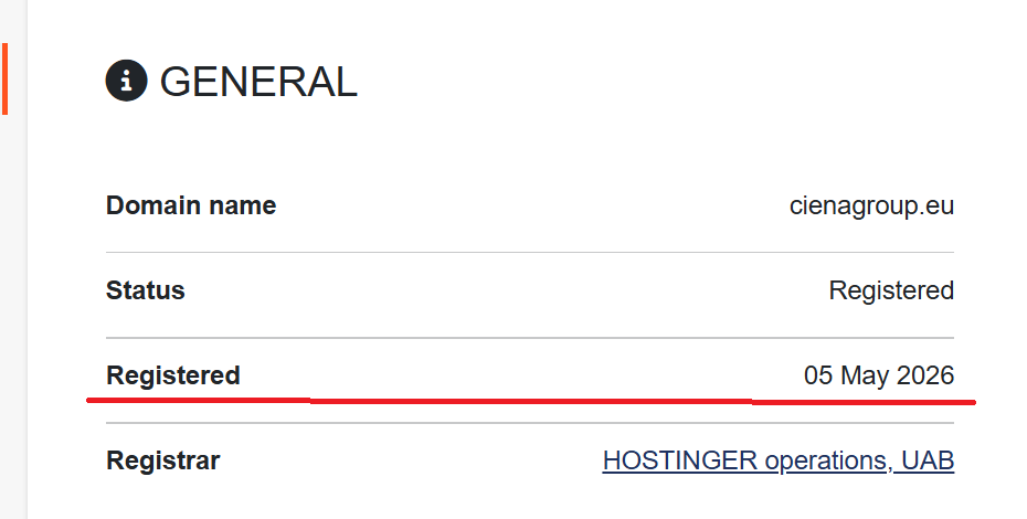 WHOIS data confirms the recent cienagroup.eu domain registration and the lack of a long history of the project.