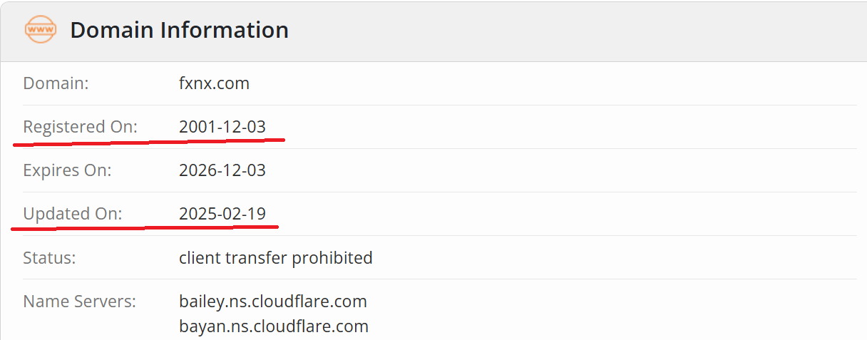 WHOIS data providing details about the fxnx.com domain registration history.