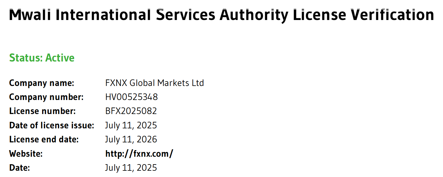 Document showing the FXNX license issued by Mwali International Services Authority.