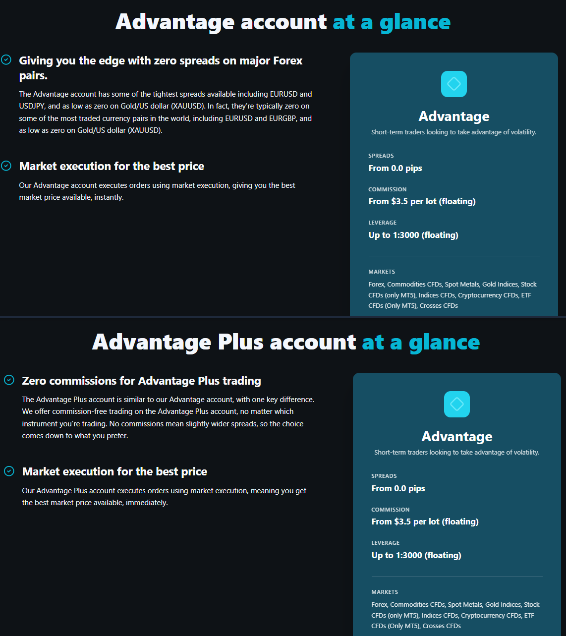 A comparison of two of the three account types offered by GLOBAL APEX MARKETS LTD, including their stated trading conditions.