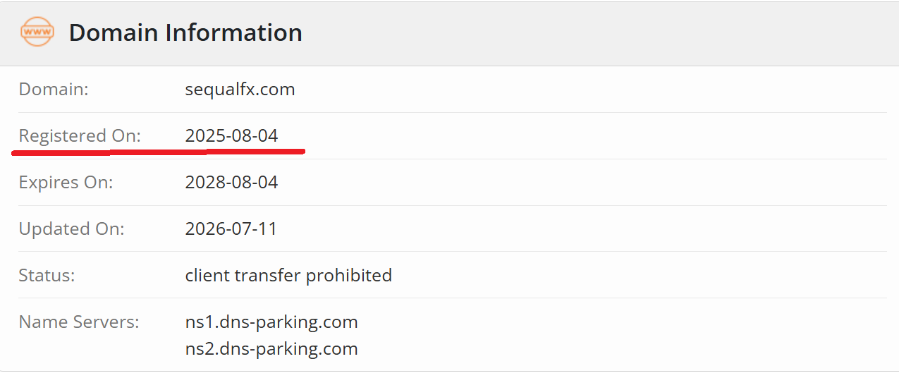 Data on the registration and technical history of the SequalFX domain.