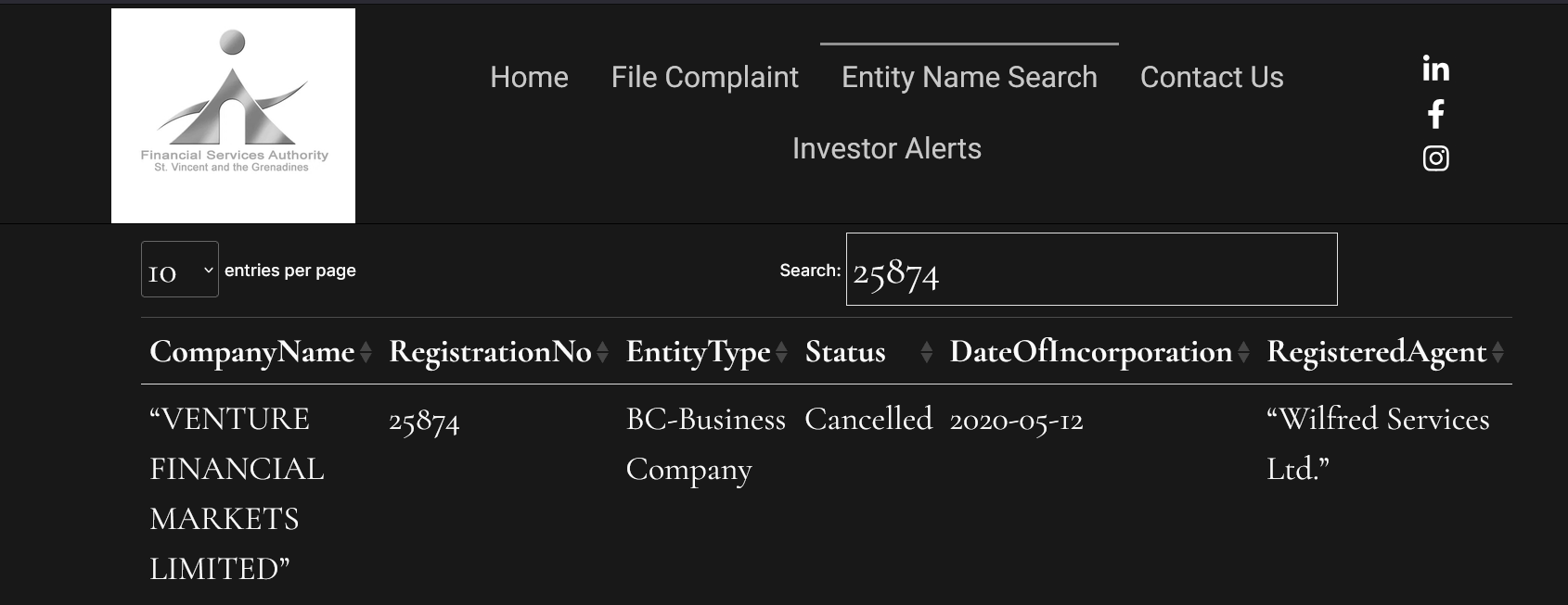 Verification of VFM Brokers' registration in the official SVGFSA registry.